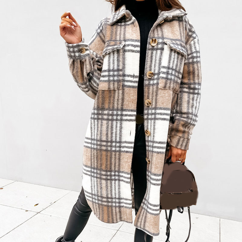 Women's Wool Blends Fashion Winter Coat for Women Plaid Woolen Long Jacket Female Breasted Checkered Plus Outwear 230107