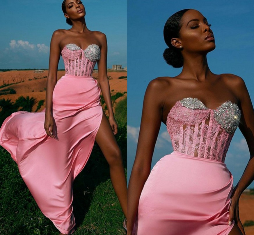 Pink Sweetheart Long Formal Evening Dress 2023 Beaded Lace Corset Prom Party Gowns Sexy Side Split Satin Vestidos De Feast