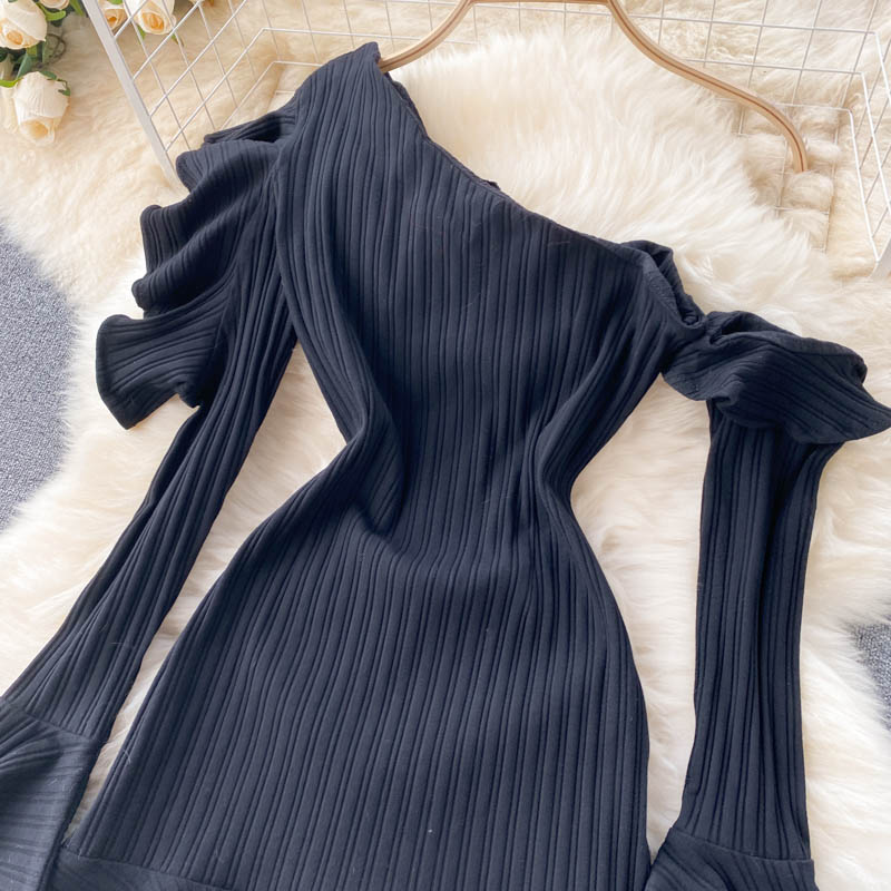 Diagonal Collar Off-shoulder Casual Dresses Vestidos Mujer 2023 New Flare Sleeve Slim Waist Knitted Robe Ruffles Hen Dress Women