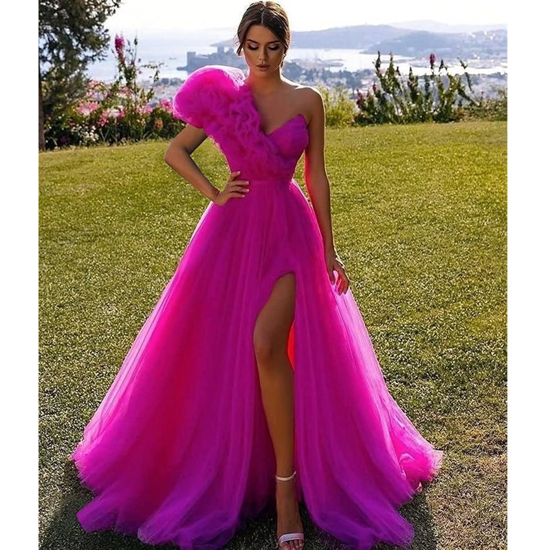 One Shoulder Tulle Prom Dresses Robe De Soiree Ball Gown with Split Puffy Princess A Line Evening Gowns Vestidos