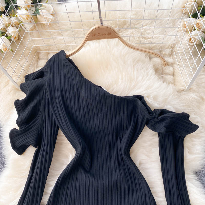 Diagonal Collar Off-shoulder Casual Dresses Vestidos Mujer 2023 New Flare Sleeve Slim Waist Knitted Robe Ruffles Hen Dress Women