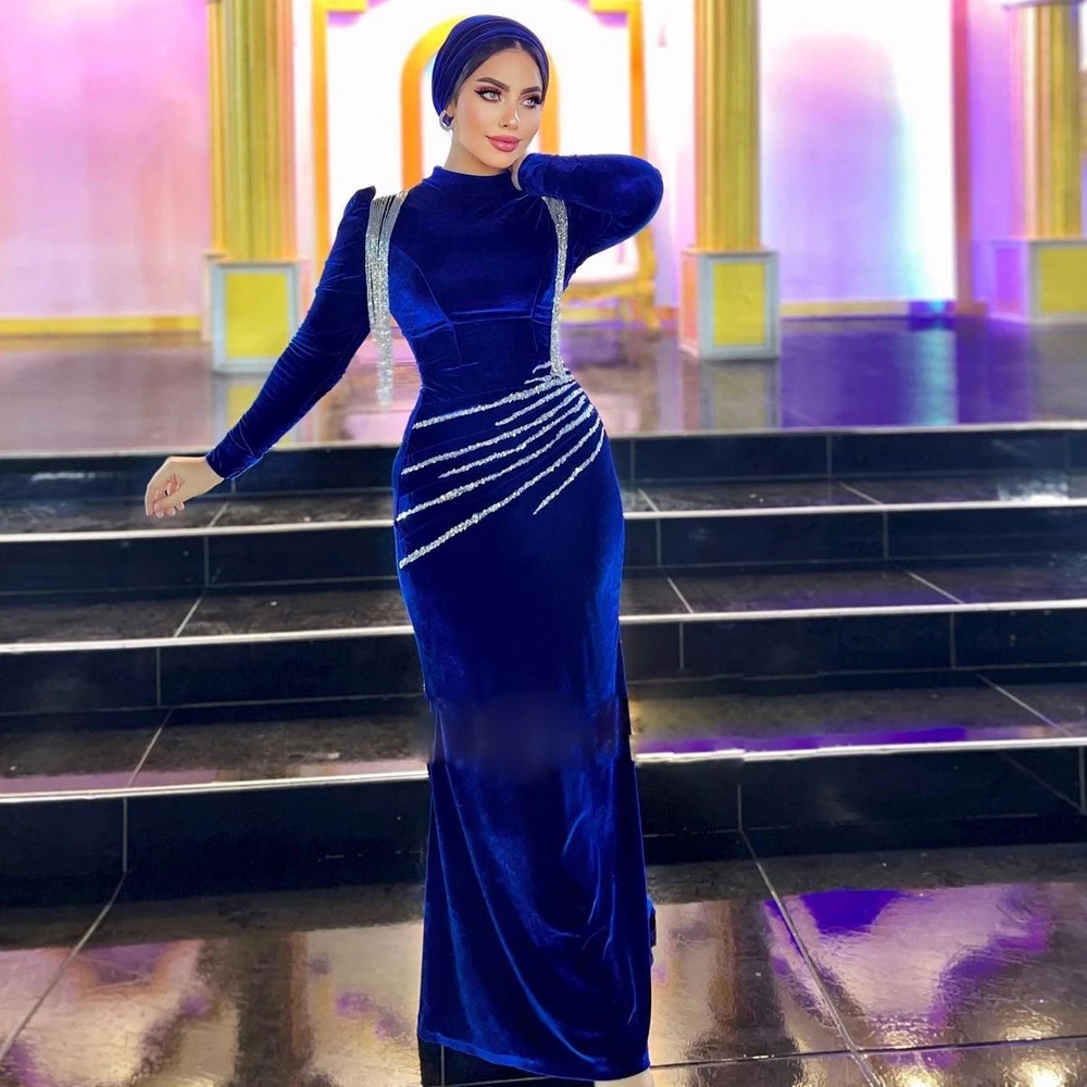 Evening Veet Royal Blue Dresses 2023 Beading Muslim Womens Formal Prom Party Gown Tassel Arabic Vestidos De Novia