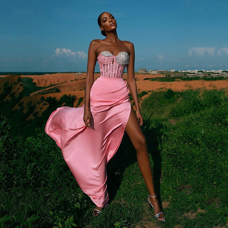 Pink Sweetheart Long Formal Evening Dress 2023 Beaded Lace Corset Prom Party Gowns Sexy Side Split Satin Vestidos De Feast