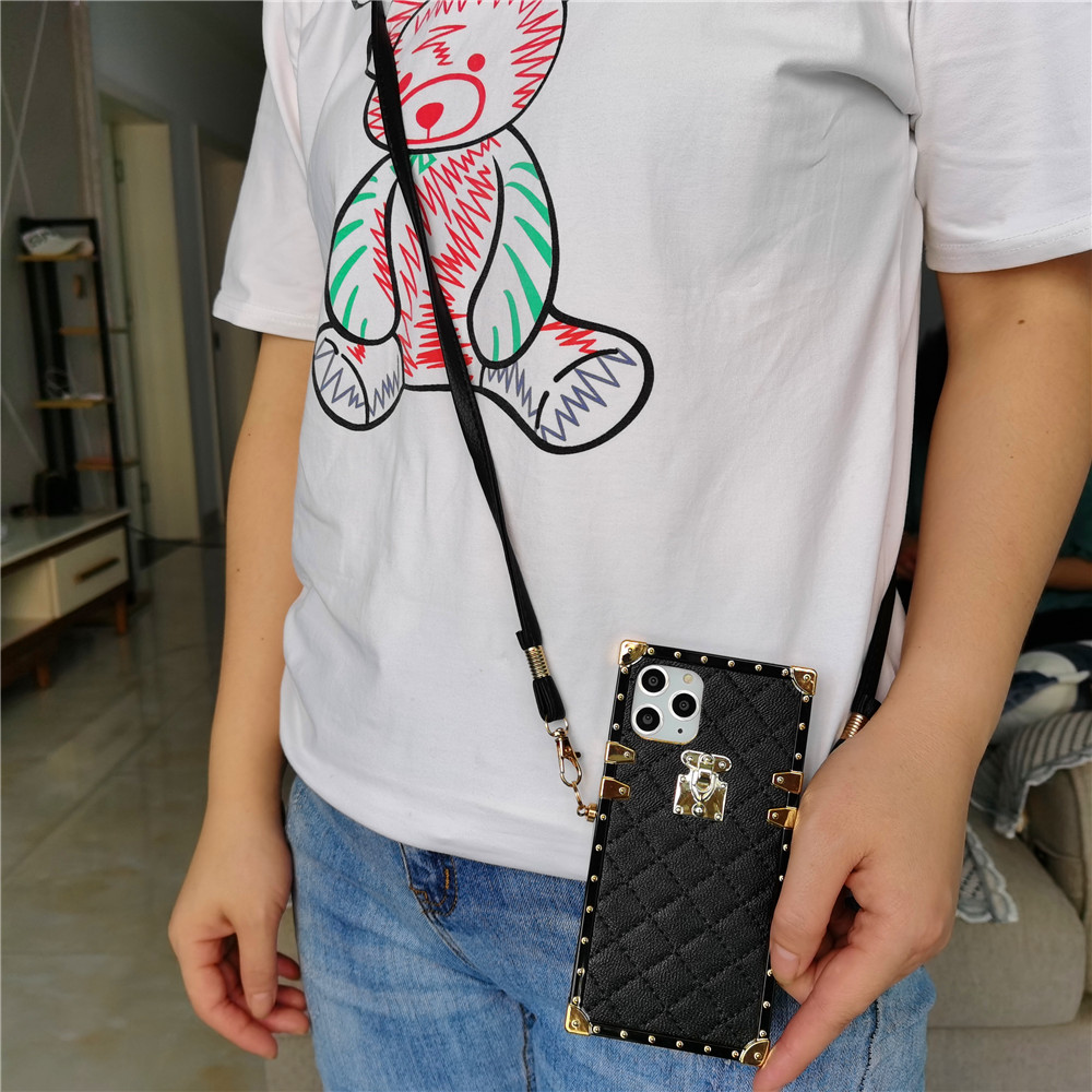 Luxury Lambskin Square Box Cases Soft TPU Trunk Metal Decoration Corner With Crossbody Lanyard For iPhone 17 Air 16 15 14 13 12 11 Pro XR XS Max X 8 7