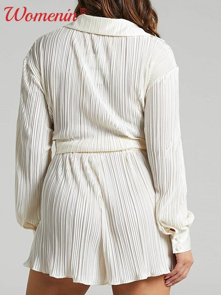 Women s Two Piece Pants Summer Shirt Pleated Set Loose High Waist Wide Leg Shorts Suit Casual Elegant Office Ladies Female Outfit 230106