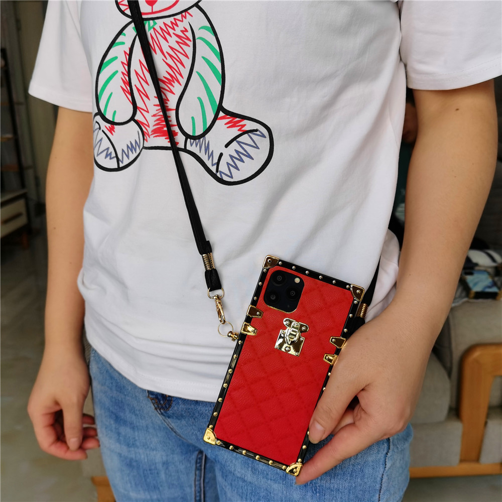 Luxury Lambskin Square Box Cases Soft TPU Trunk Metal Decoration Corner With Crossbody Lanyard For iPhone 17 Air 16 15 14 13 12 11 Pro XR XS Max X 8 7