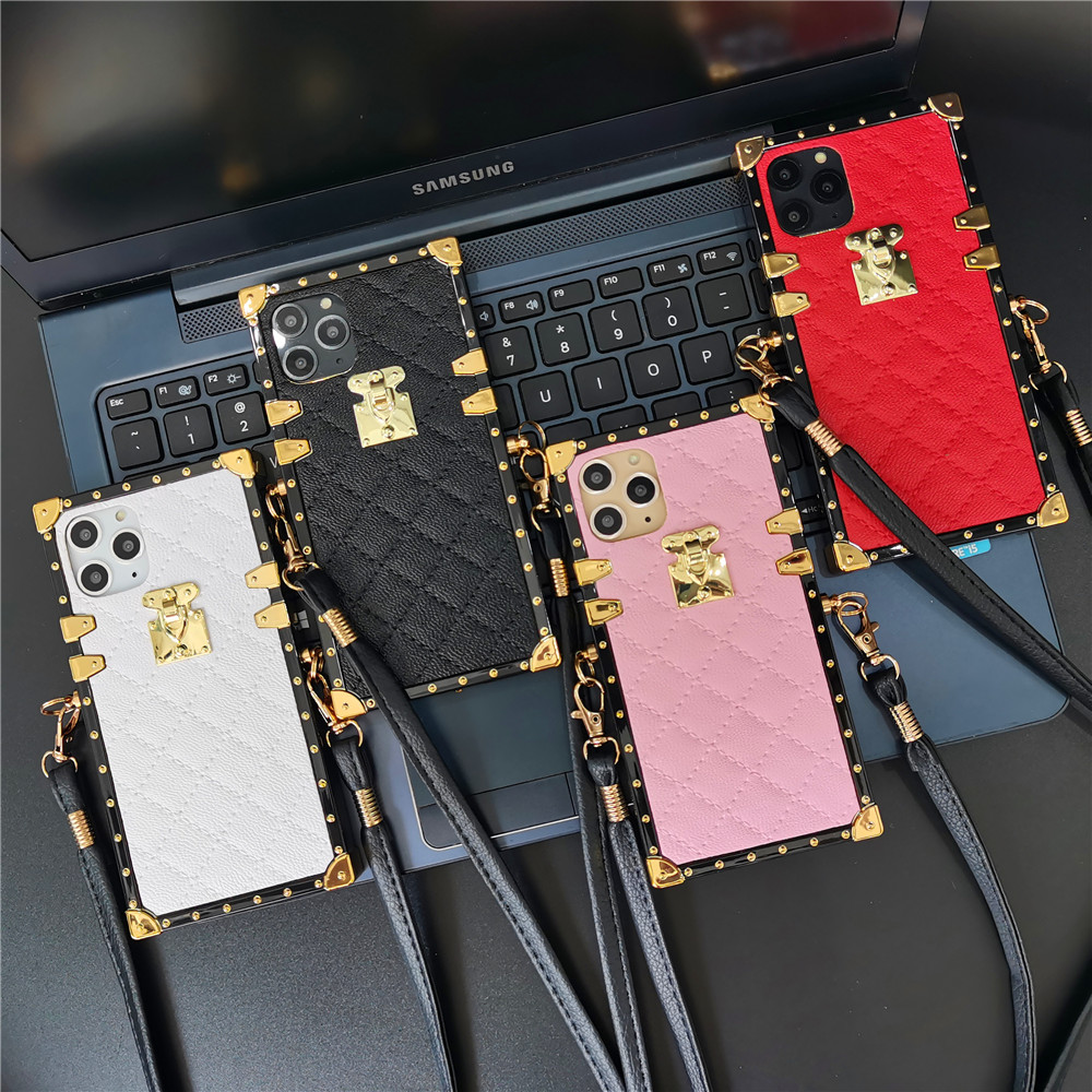 Luxury Lambskin Square Box Cases Soft TPU Trunk Metal Decoration Corner With Crossbody Lanyard For iPhone 17 Air 16 15 14 13 12 11 Pro XR XS Max X 8 7