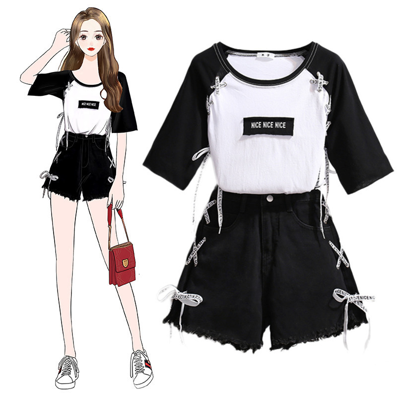 Women s Two Piece Pants High Street Fashion Lace Up Tshirt With Bandage Denim Short Pieces Set Women Casual Tee Distressed Edge Jean Outfits 230106