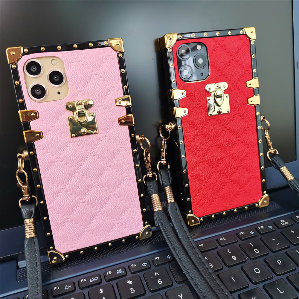 Luxury Lambskin Square Box Cases Soft TPU Trunk Metal Decoration Corner With Crossbody Lanyard For iPhone 17 Air 16 15 14 13 12 11 Pro XR XS Max X 8 7