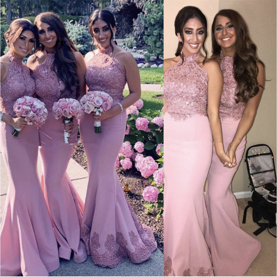 Blush Pink Lace Mermaid Bridesmaid Dresses Halter Neck Beaded Wedding Guests Formal Party Maid Of Honor Gowns robe mariage femme