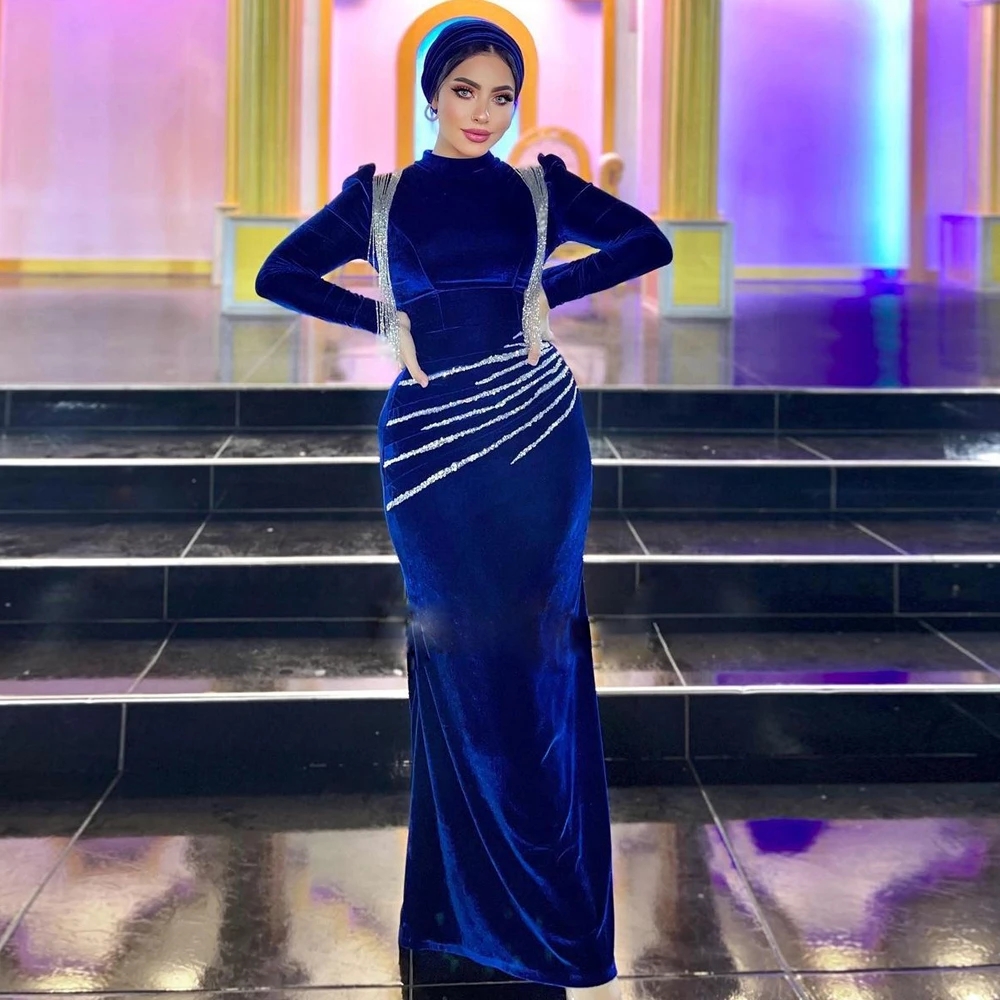 Evening Veet Royal Blue Dresses 2023 Beading Muslim Womens Formal Prom Party Gown Tassel Arabic Vestidos De Novia