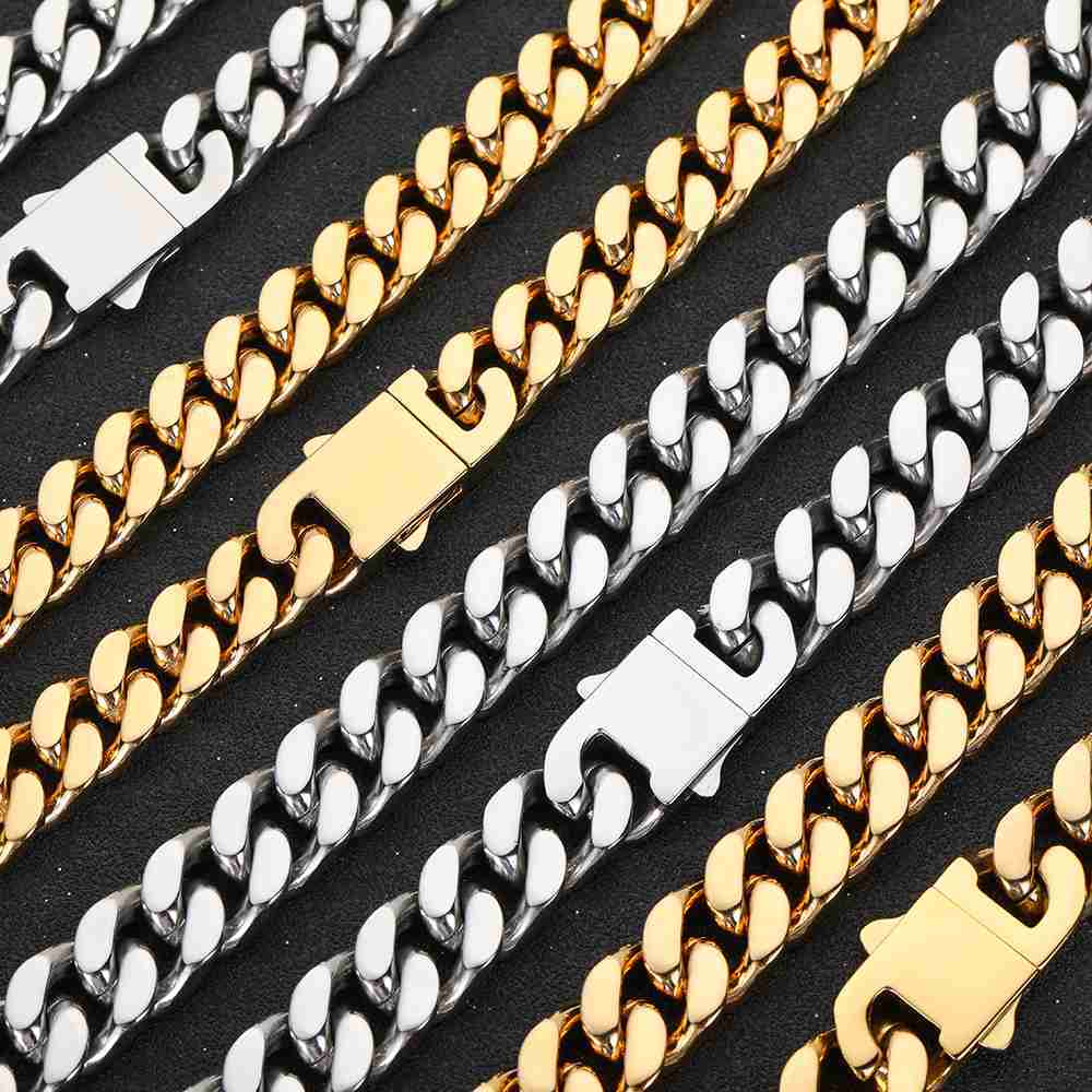 Arrival Stainless Steel Four Sided Polished Gold Plated Miami Hip Hop Cuban Chain Necklace