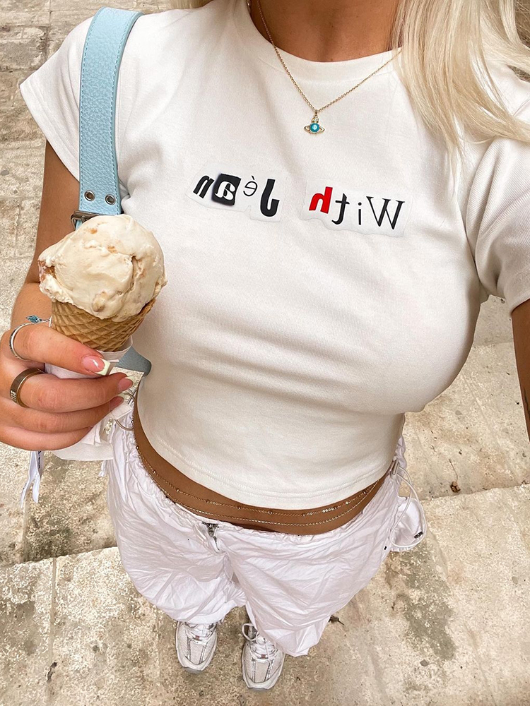 Women T Shirt Y2k Clothes Cropped Tops O Neck Tee y2k Crop top Kawaii Baby Short Sleeve Vintage Letter Fairy Trash Accessory 230109, White
Women T Shirt Y2k Clothes Cropped Tops O Neck Tee y2k Crop top Kawaii Baby Short Sleeve Vintage Letter Fairy Trash Accessory 230109, White