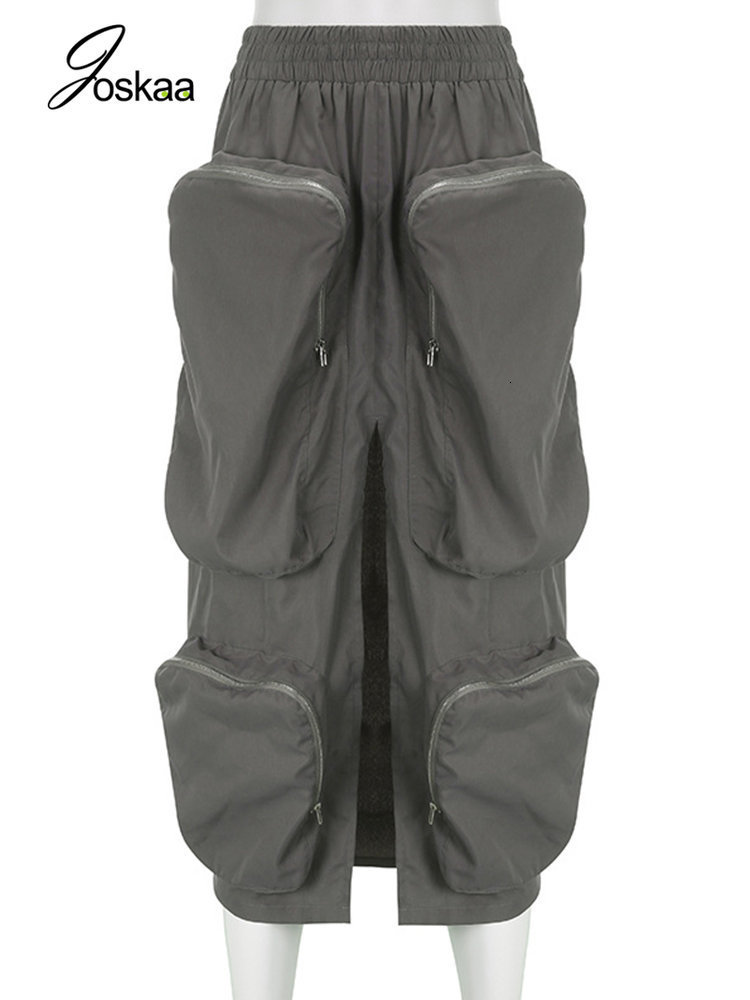 Skirts Joskaa Harajuku Cargo Women Casual Zipper Loose High Waist Long Y2k Autumn Female Bottom Korean 230107