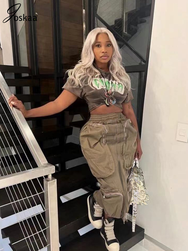 Skirts Joskaa Harajuku Cargo Women Casual Zipper Loose High Waist Long Y2k Autumn Female Bottom Korean 230107