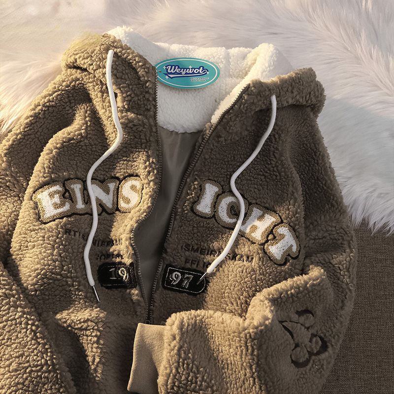 Women s Hoodies Sweatshirts Fleece Cardigan Sweater American Retro Sweatshirt Hooded Lamb Wool High Street Zip Up Autumn and Winter Womens 230107