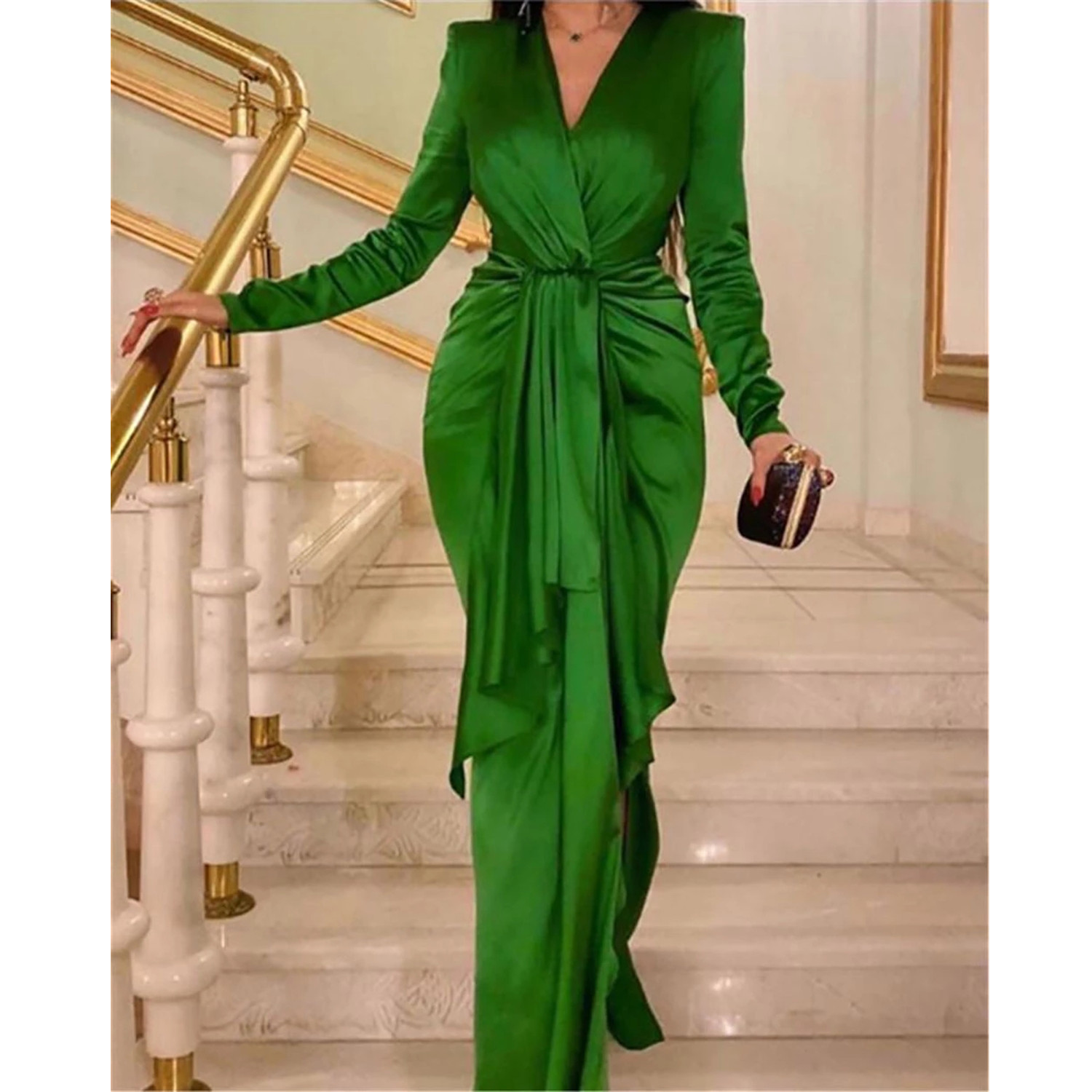Elegant Emerald Green Muslim Evening Dress Long Sleeve V-Neck Arabic Dubai Prom Dresses for Women Guest Party Gowns Vestidos