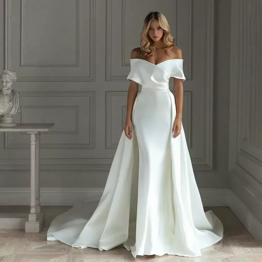 Satin Mermaid Wedding Dress With Detachable Train Off Shoulder Floor Length Bride Dresses Vestido De Noiva 2023