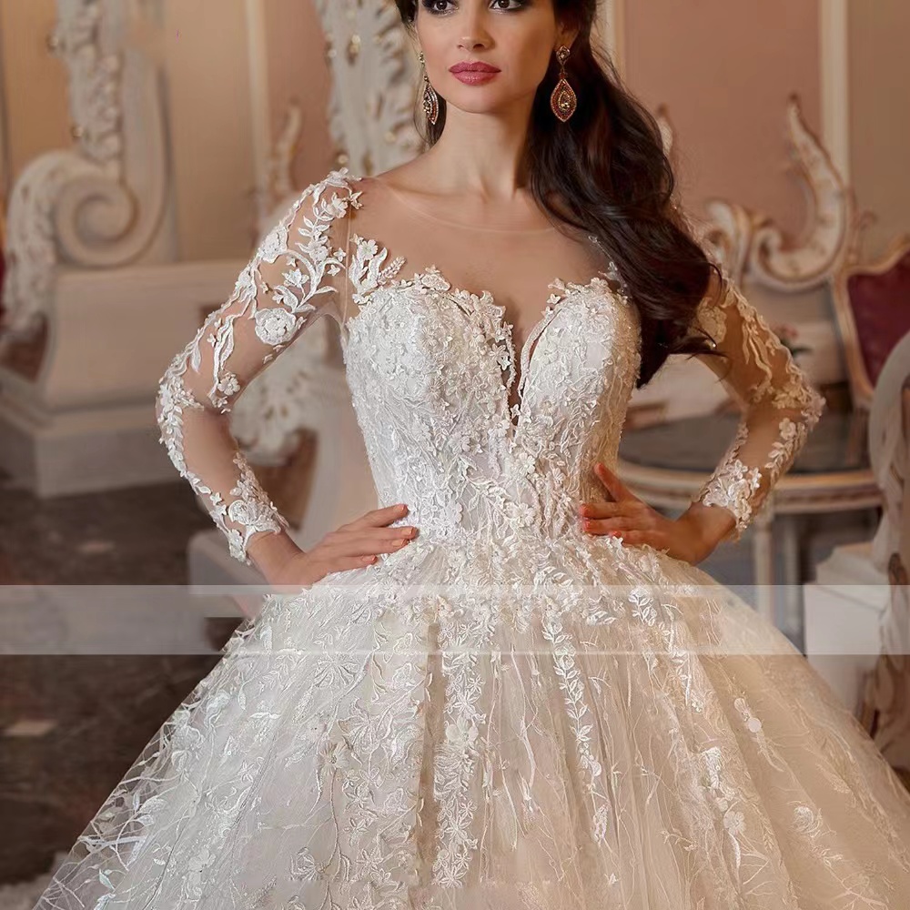 Elegant Lace A Line Dresses Sheer Long Sleeves Satin lace Applique Sweep Train Wedding Bridal Gowns With Buttons