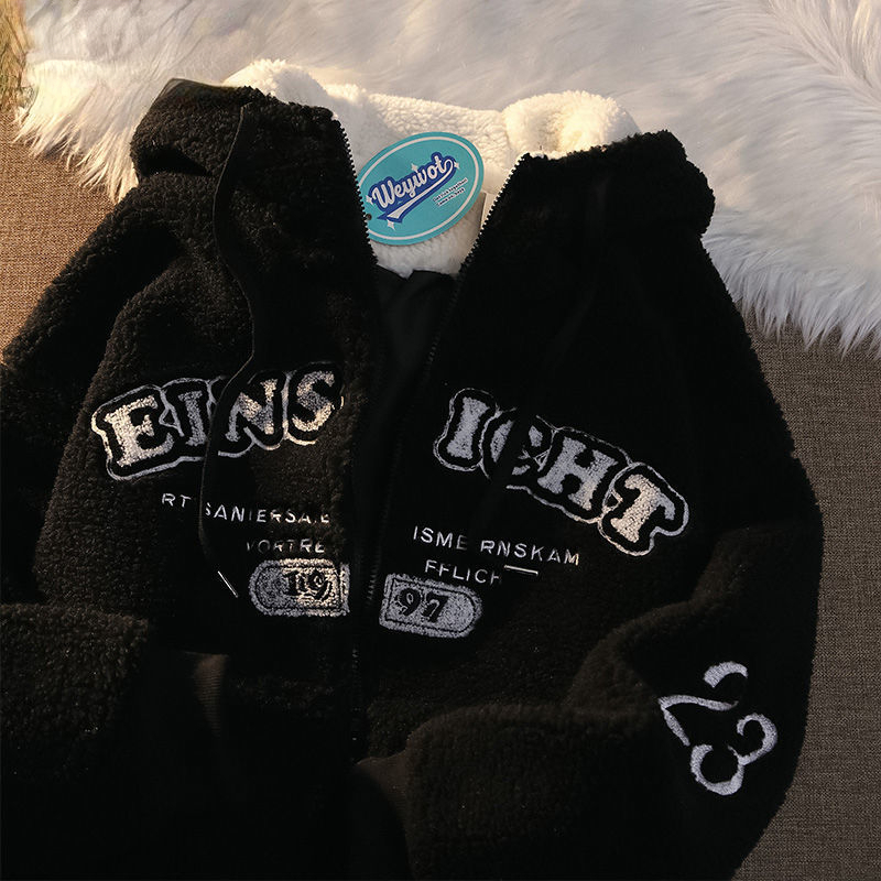 Women s Hoodies Sweatshirts Fleece Cardigan Sweater American Retro Sweatshirt Hooded Lamb Wool High Street Zip Up Autumn and Winter Womens 230107