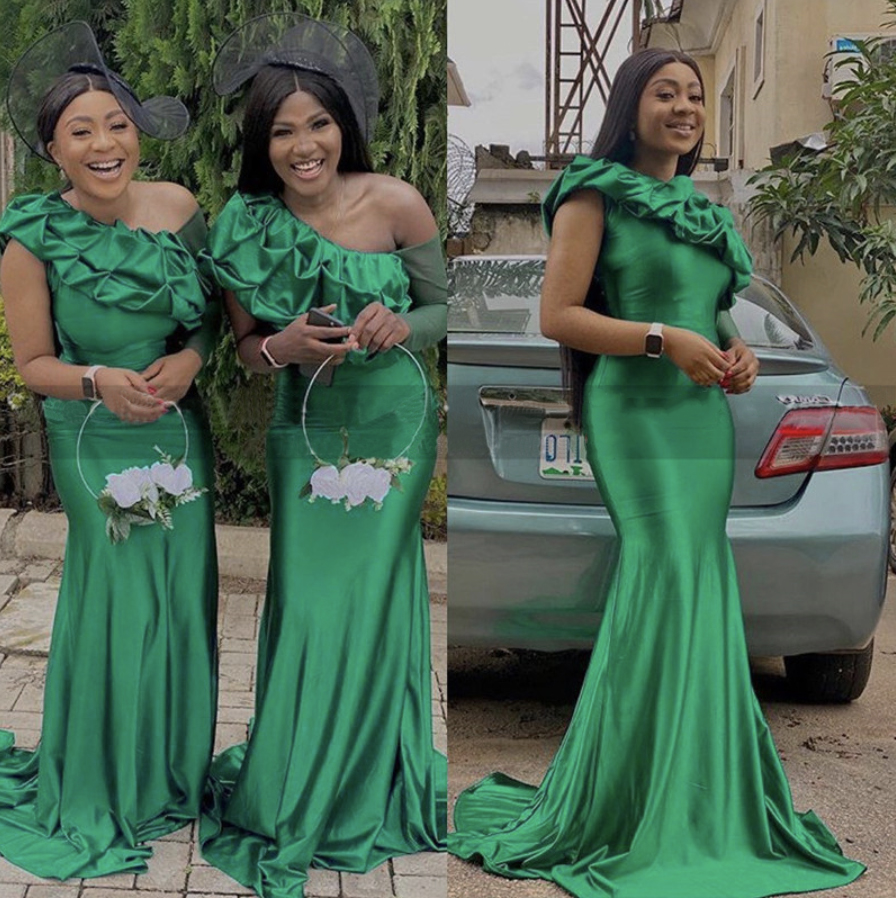 Mermaid Green Bridesmaid Dresses Ruched One Shoulder Long Sleeves African Women Wedding Party Dress