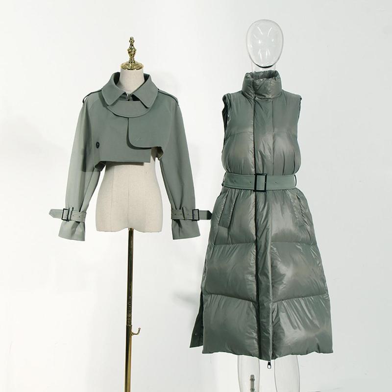 Women's Trench Coats Long Thick Cotton Padded Jacket High Collar Windbreaker Splicing Women's 2023 Winter Two Piece Set