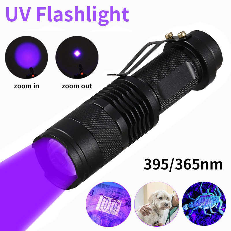 Flashlights Torches Mini UV LED Flashlight Portable Ultraviolet Black Light 395/365nm 3 Modes Zoomable Torch Pet Urine Stains Scorpion Detector Lamp 0109
Flashlights Torches Mini UV LED Flashlight Portable Ultraviolet Black Light 395/365nm 3 Modes Zoomable Torch Pet Urine Stains Scorpion Detector Lamp 0109