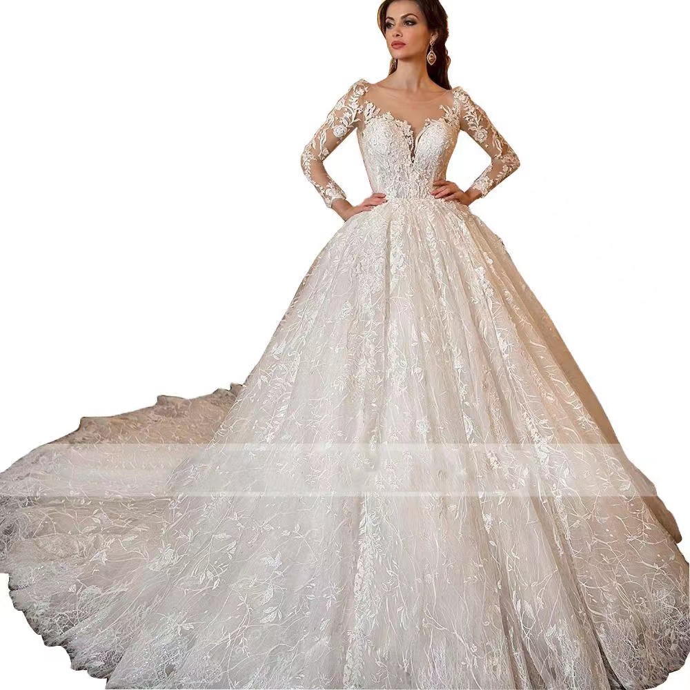 Elegant Lace A Line Dresses Sheer Long Sleeves Satin lace Applique Sweep Train Wedding Bridal Gowns With Buttons