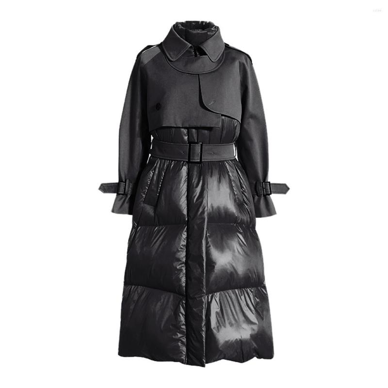Women's Trench Coats Long Thick Cotton Padded Jacket High Collar Windbreaker Splicing Women's 2023 Winter Two Piece Set