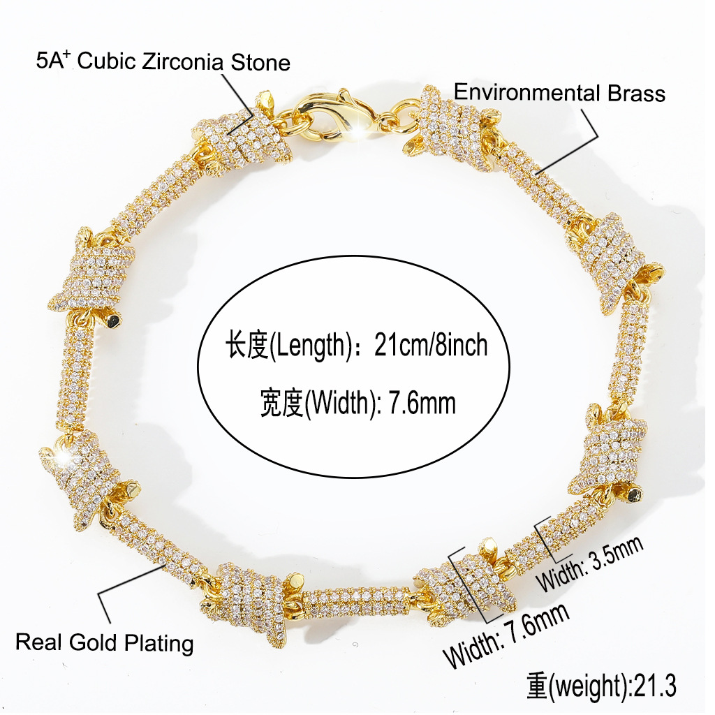 Barbed Wire Bracelet Sliver Gold Color Iced Out Cubic Zircon Cuban Chain Link for Women Men Hip Hop Jewelry