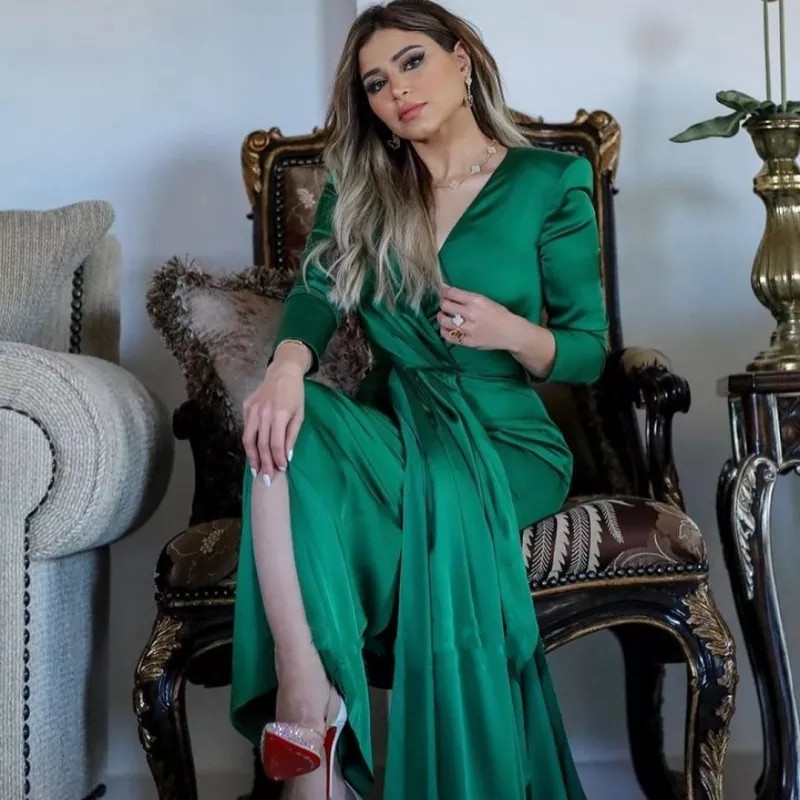 Elegant Emerald Green Muslim Evening Dress Long Sleeve V-Neck Arabic Dubai Prom Dresses for Women Guest Party Gowns Vestidos