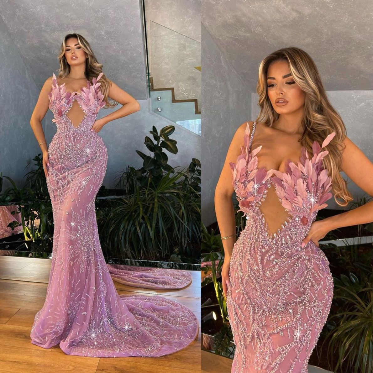 Sexy V Neck Evening Dresses African Dubai Spaghetti Straps Feather Mermaid Prom Dress Beading Crystal Formal Party Gowns