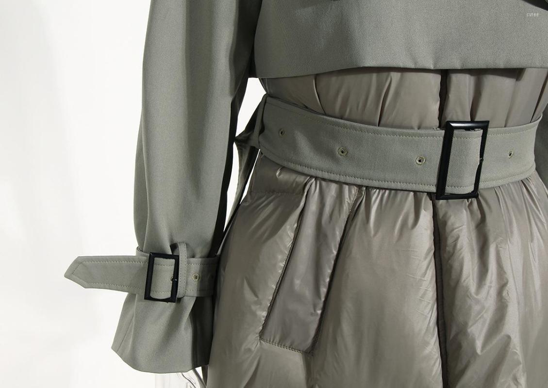 Women's Trench Coats Long Thick Cotton Padded Jacket High Collar Windbreaker Splicing Women's 2023 Winter Two Piece Set