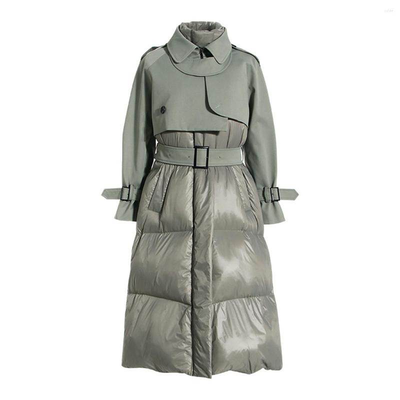 Women's Trench Coats Long Thick Cotton Padded Jacket High Collar Windbreaker Splicing Women's 2023 Winter Two Piece Set