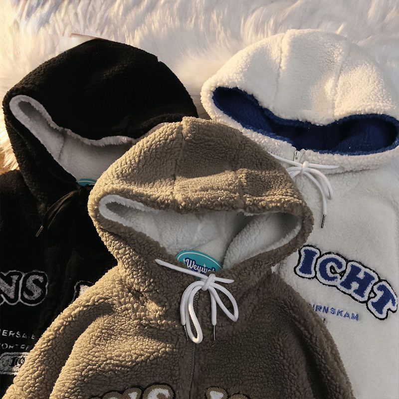 Women s Hoodies Sweatshirts Fleece Cardigan Sweater American Retro Sweatshirt Hooded Lamb Wool High Street Zip Up Autumn and Winter Womens 230107