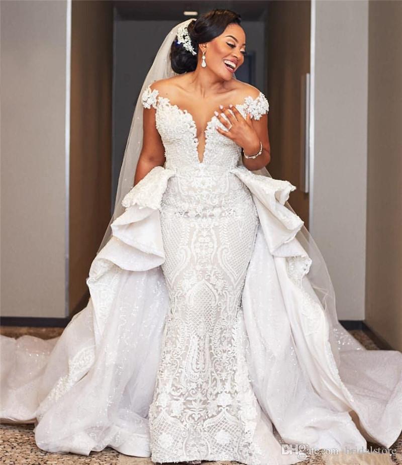 Gorgeous Mermaid Wedding Dresses Bridal Gown With Detachable Train Lace Applique Beaded Off Shoulder Neck Custom Made Beach Country Plus Size Vestido 