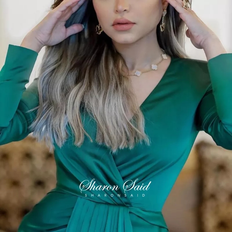 Elegant Emerald Green Muslim Evening Dress Long Sleeve V-Neck Arabic Dubai Prom Dresses for Women Guest Party Gowns Vestidos