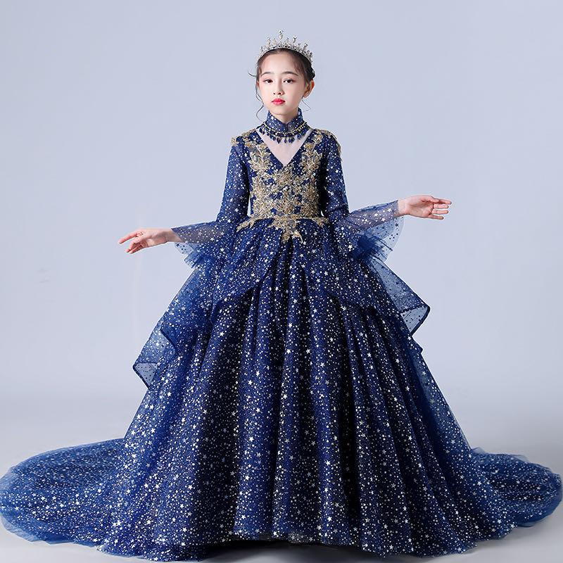 2023 Gold blue Flower Girl Dresses Jewel Neck Ball Gown Lace Appliques Beads long sleeves Kids Girls Pageant Dress Sweep Train Birthday Gowns