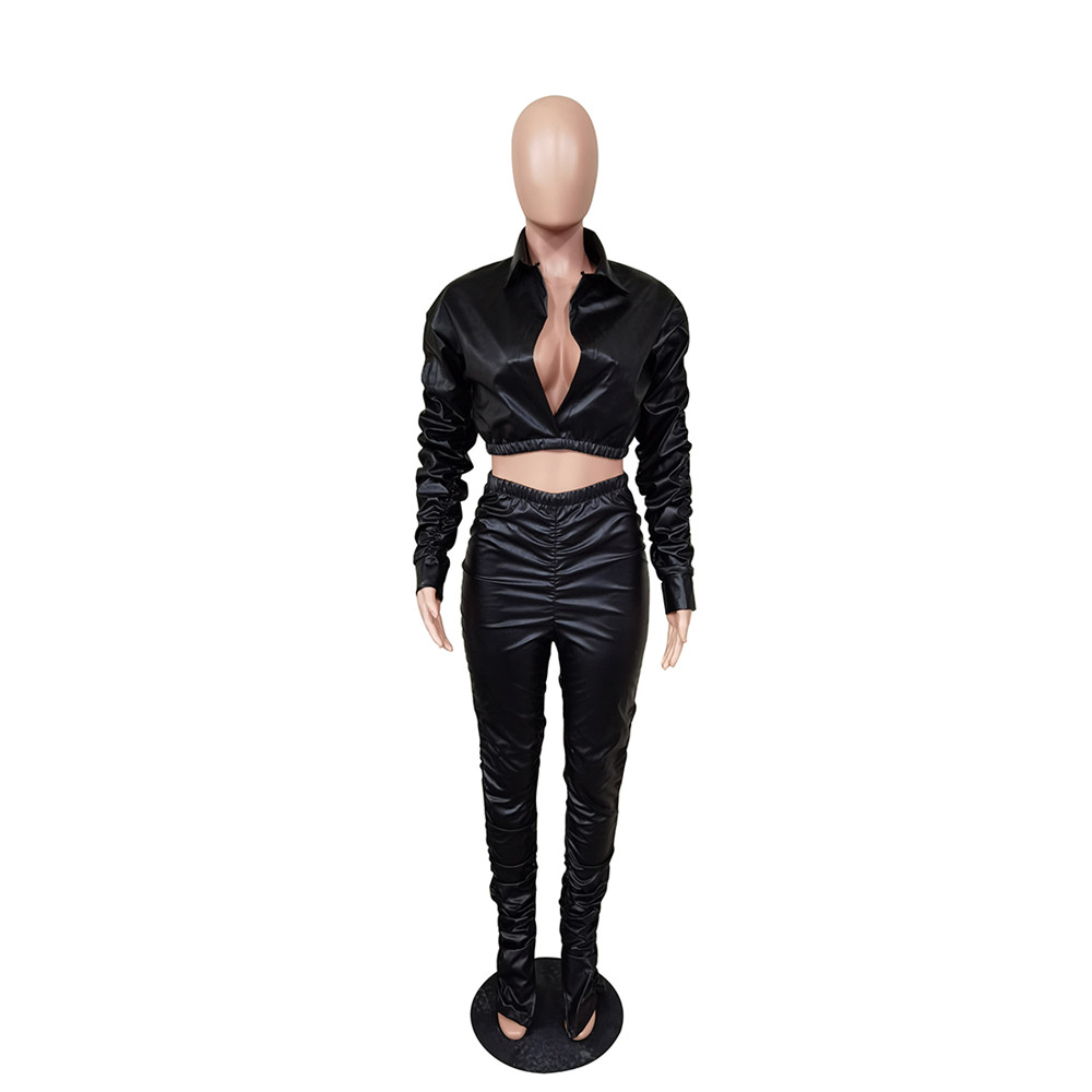Wholesale Tracksuits Two Piece Set Women PU Leather Outfits Fall Winter Clothes Long Sleeve Deep V Neck Crop Top and Stacked Pants Casual Matching Set