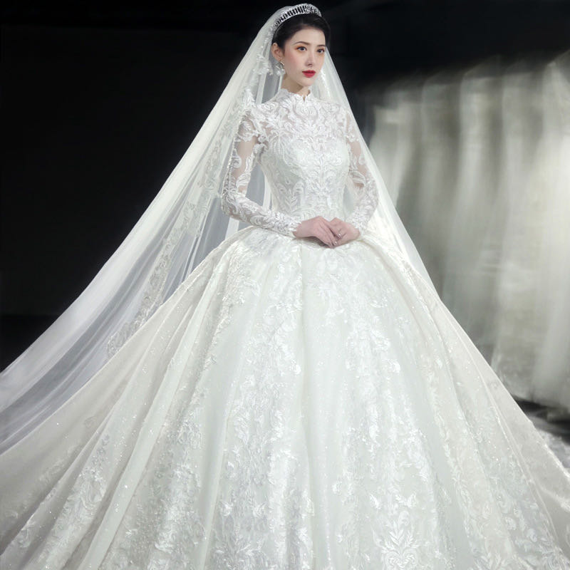 2023 Plus Size a line Dresses Long Illusion Sleeves Lace Applique Jewel Sheer Neck Beaded Pearls Custom Made Chapel Wedding Bridal Gown
