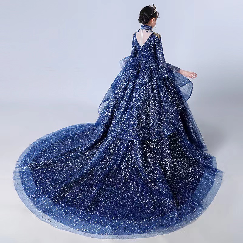 2023 Gold blue Flower Girl Dresses Jewel Neck Ball Gown Lace Appliques Beads long sleeves Kids Girls Pageant Dress Sweep Train Birthday Gowns