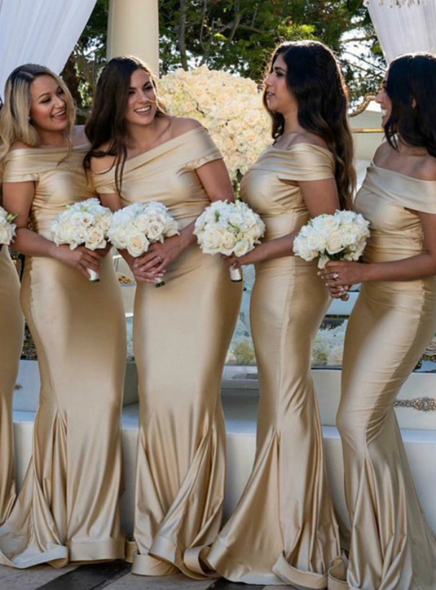 Mermaid Off-the-Shoulder Sweep Train Gold Bridesmaid Dress Custom Maid Of Honor Gowns Cheap