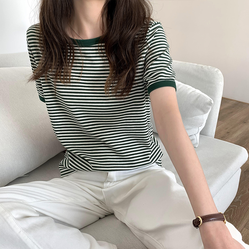 Women's TShirt Vintage Japan O Neck Short Sleeve Striped Tshirt Summer Contrast Tops Clothing Fashion Wild Tees Cotton Y2k Shirt 230110
