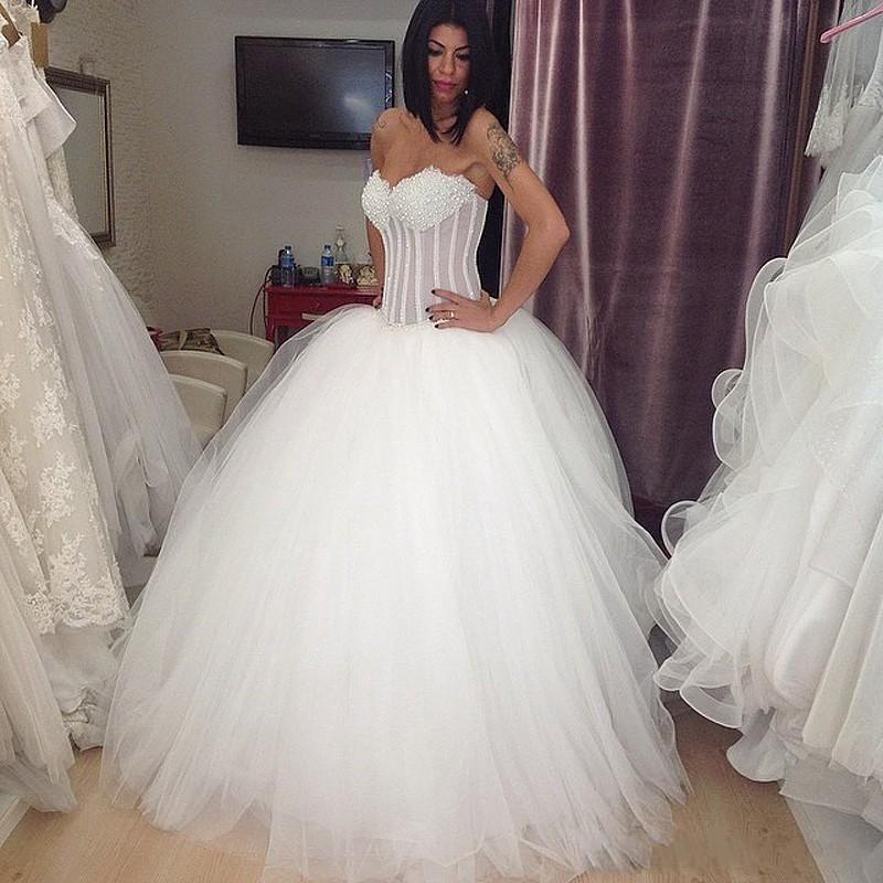 Gorgeous Ball Gown Wedding Dresses Bridal Beaded Sweetheart Neckline Illusion Floor Length Tulle Custom Made Plus Size Vestidos De Novia