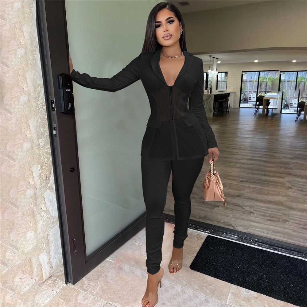 Wholesale Tracksuits Fall Clothes for Women Two Piece Sets Long Sleeve Mesh Shirt and Pants Matching Sets Solid Blazer Trousers Office Lady Wear 8486