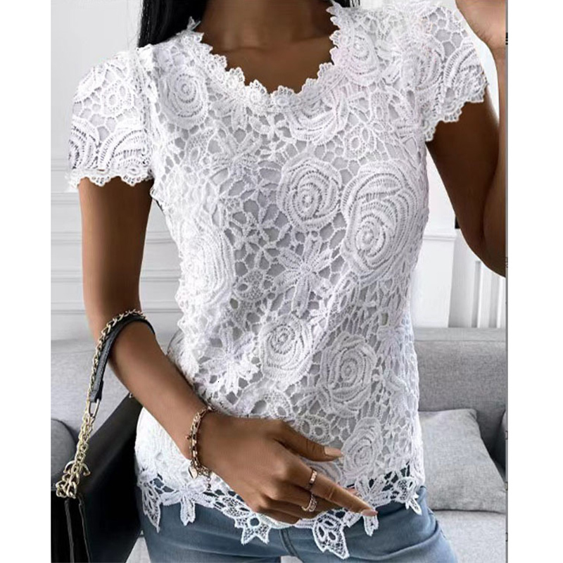 Women's TShirt Chic Summer Elegant Lace Splicing Shirt Women Fashion Round Neck Solid Color Short Sleeve Top Slim Party Pullover OL Tshirt 230130