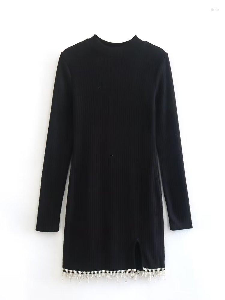 Casual Dresses Autumn 2024 Women Jewelry Decorate Tassels Knitted Dress Stand-Up Collar Long Sleeve Female Black Slim Mini