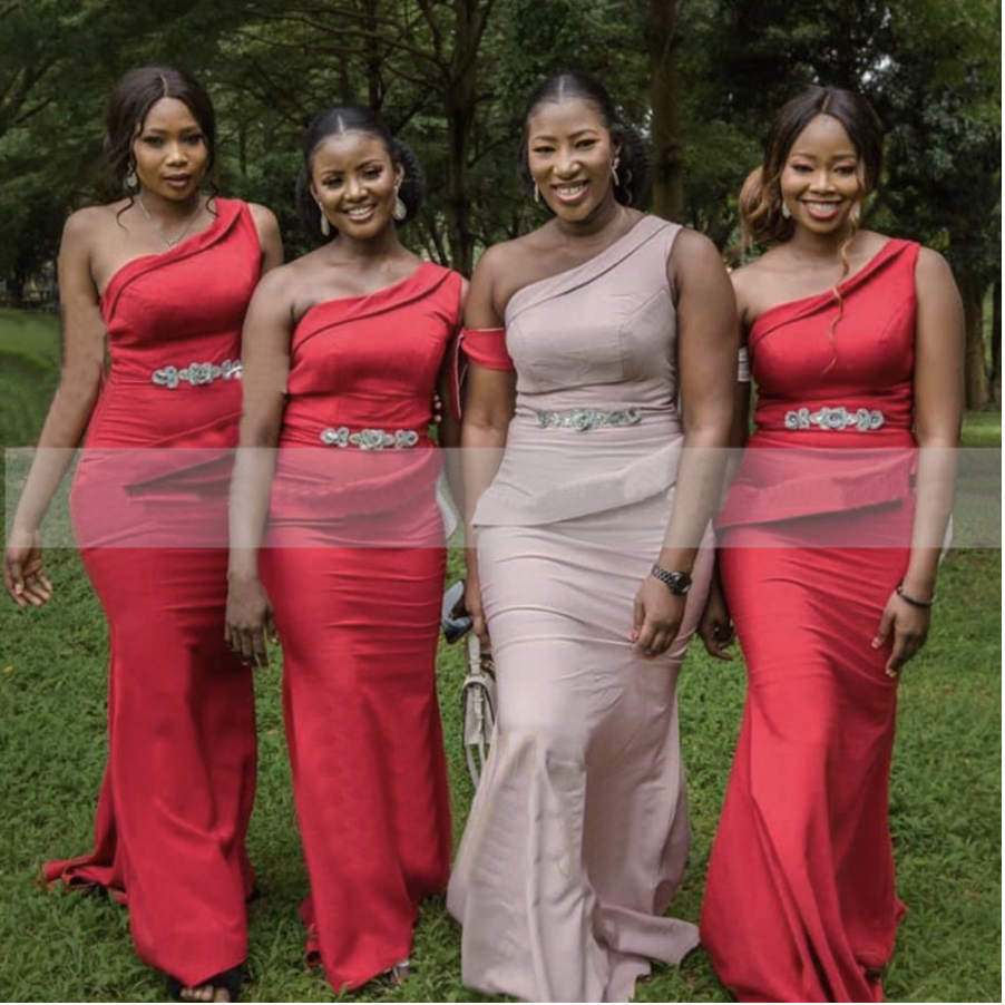 Red One Shoulder Bridesmaid Dresses With Appliques Sleeveless African Women Long Wedding Bridal Party Dress Formal