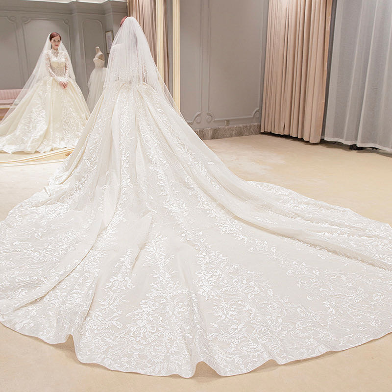 2023 Plus Size a line Dresses Long Illusion Sleeves Lace Applique Jewel Sheer Neck Beaded Pearls Custom Made Chapel Wedding Bridal Gown
