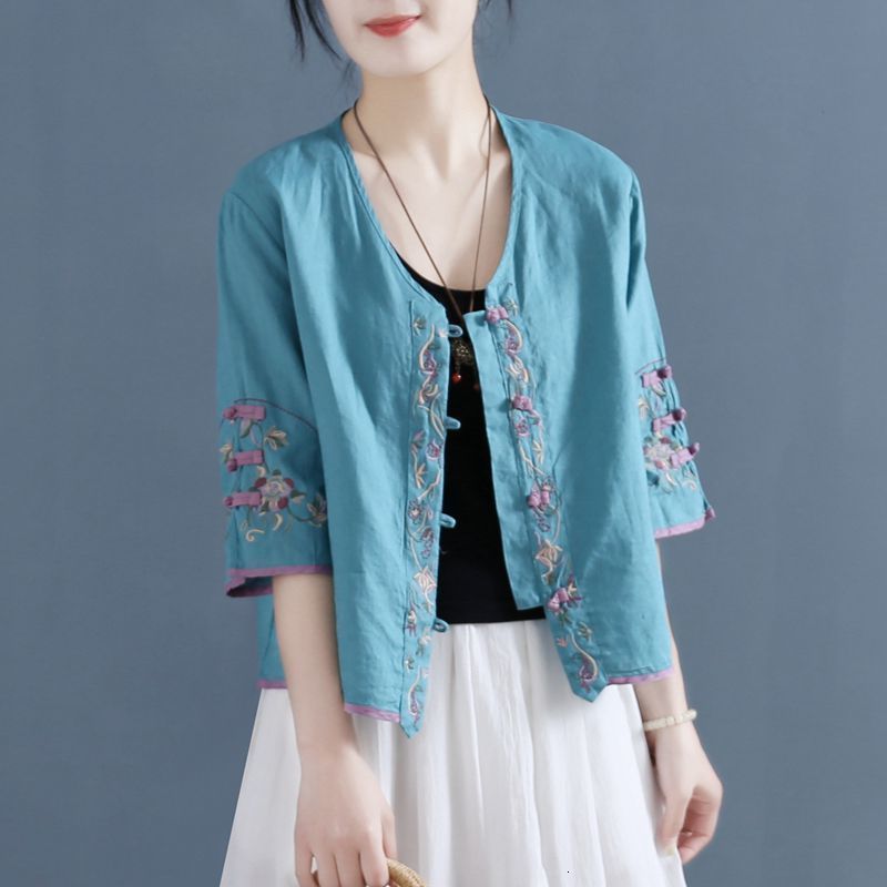 Women's TShirt Retro Embroidered Knot Button Cotton Shirt Women 's Summer Chinese Zen Tea Gown Loose Short Vneck Top 230110